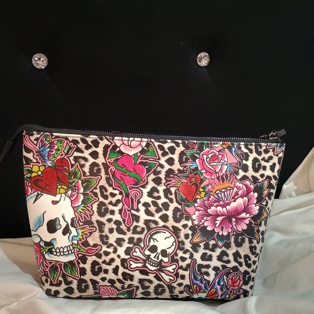 New Ed Hardy Leopard Print Cosmetic Bag with Skull and Floral Design Large